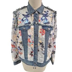 Tru Luxe Jeans Jacket Floral Embroidered Denim/ Sheer Sz L